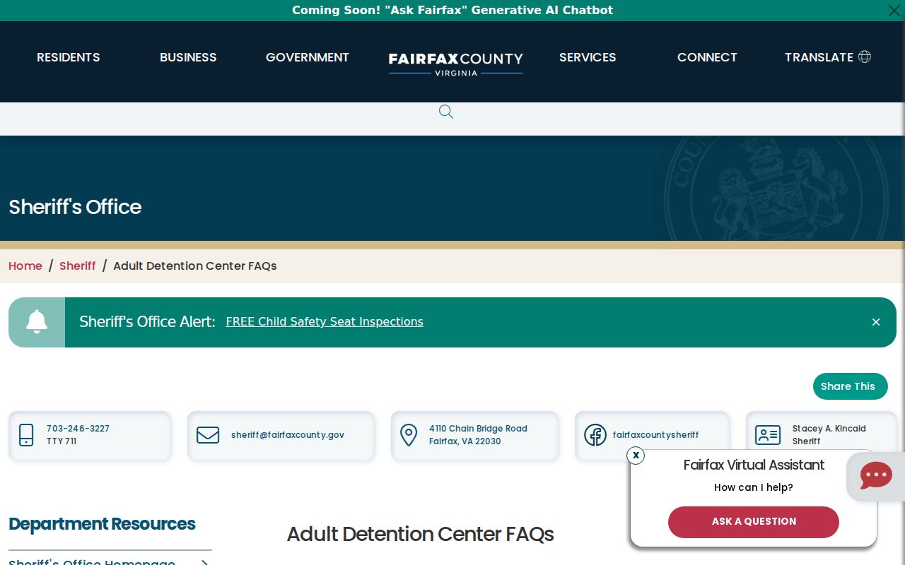 Fairfax County arrest lookup showing Adult Detention Center contact information