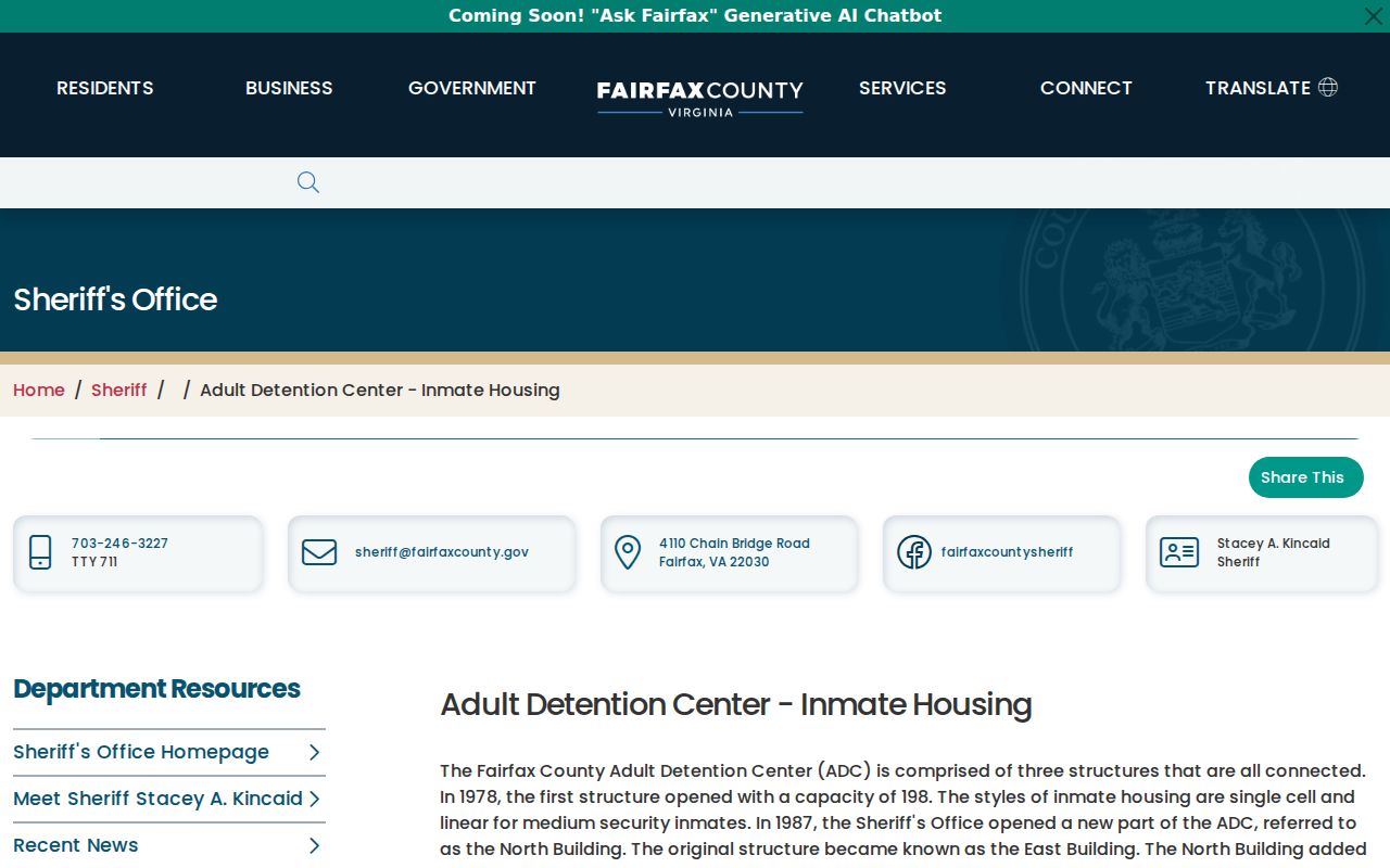 Fairfax County arrest booking and Adult Detention Center housing overview