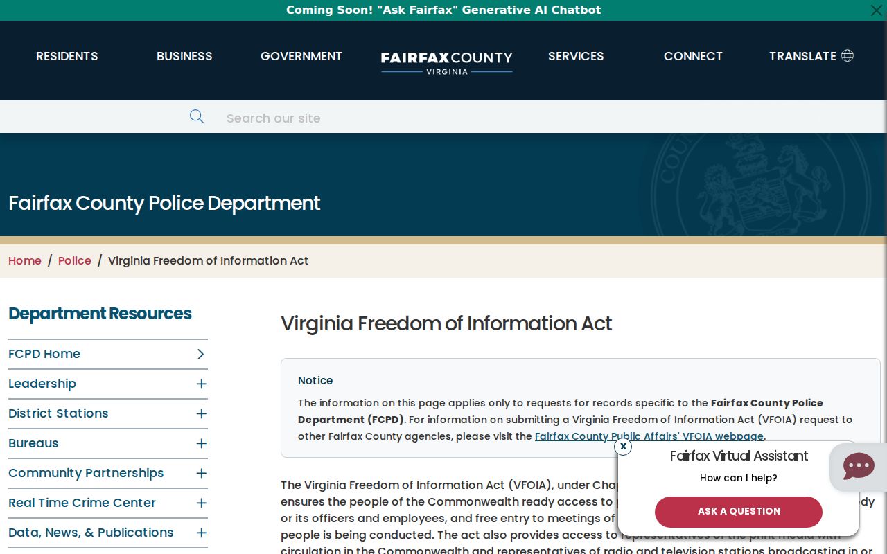 Fairfax County arrest record request page for Fairfax County Police