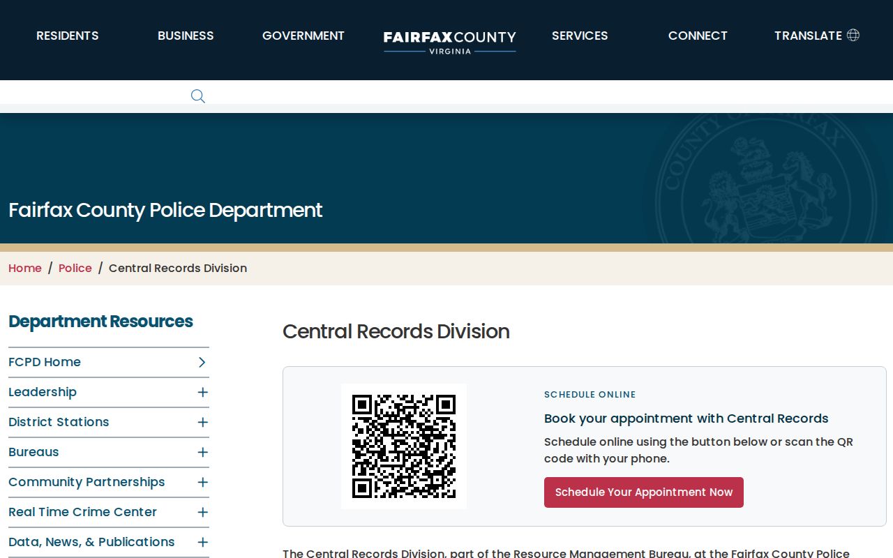 Fairfax County criminal record check instructions from police Central Records