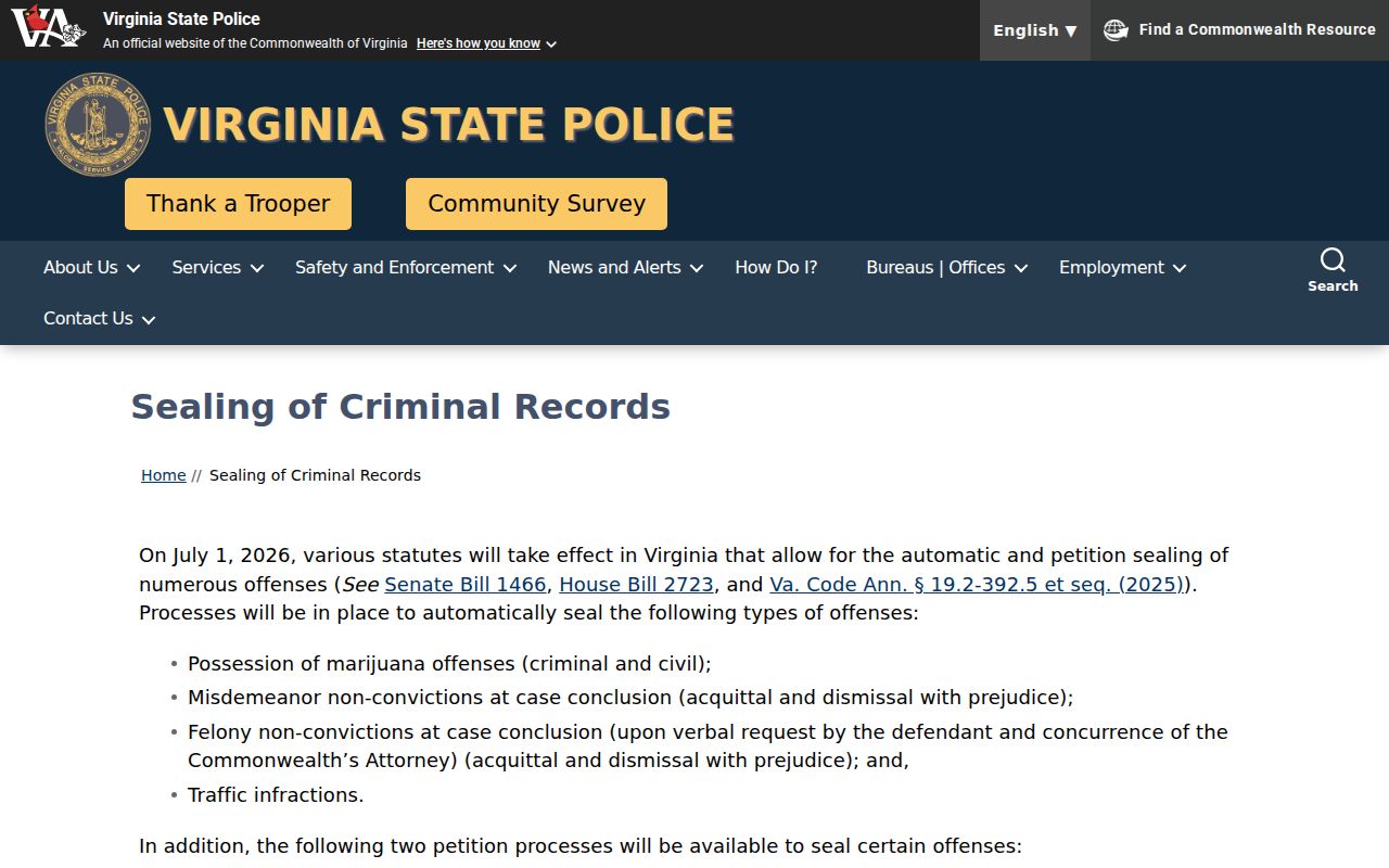 Fairfax County criminal record sealing guidance from Virginia State Police