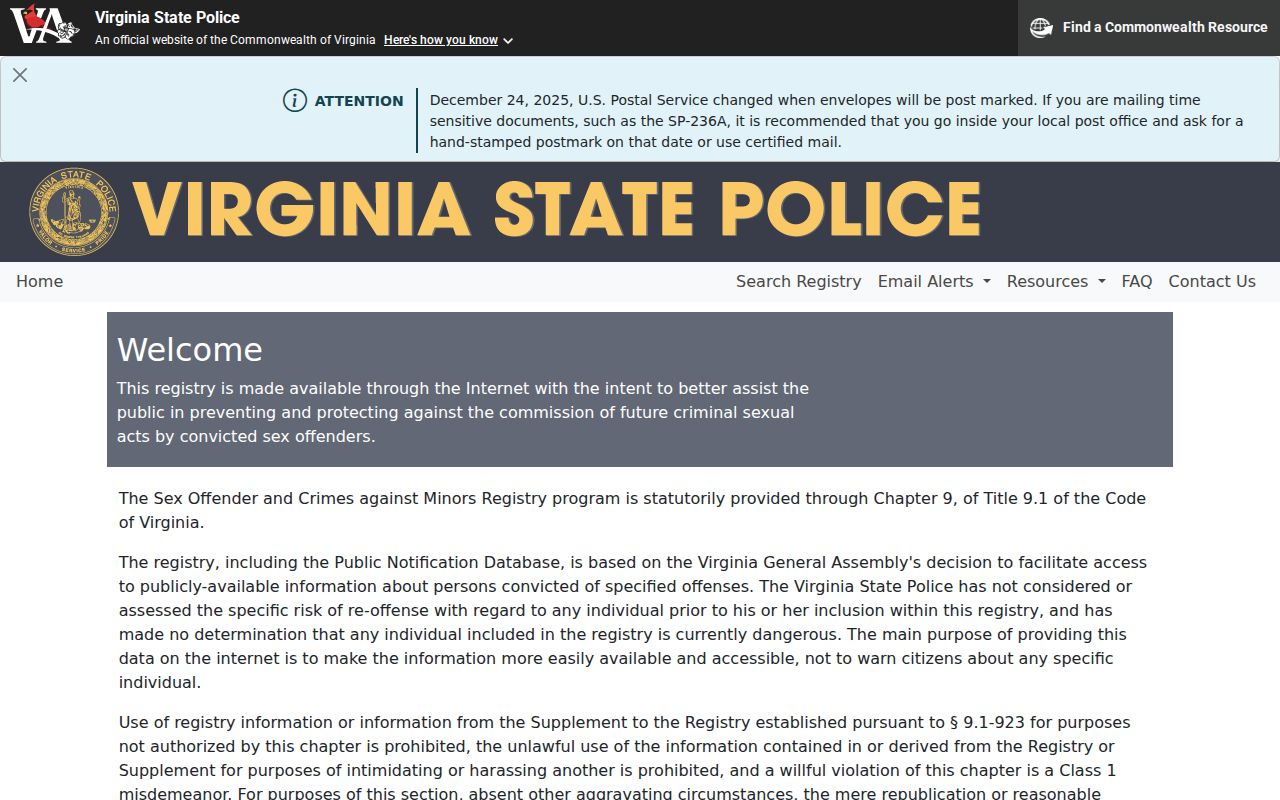 Fairfax County sex offender search form on the Virginia registry