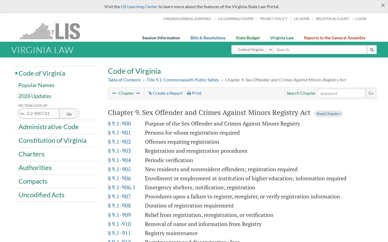 Fairfax County sex offender registry law and notification requirements